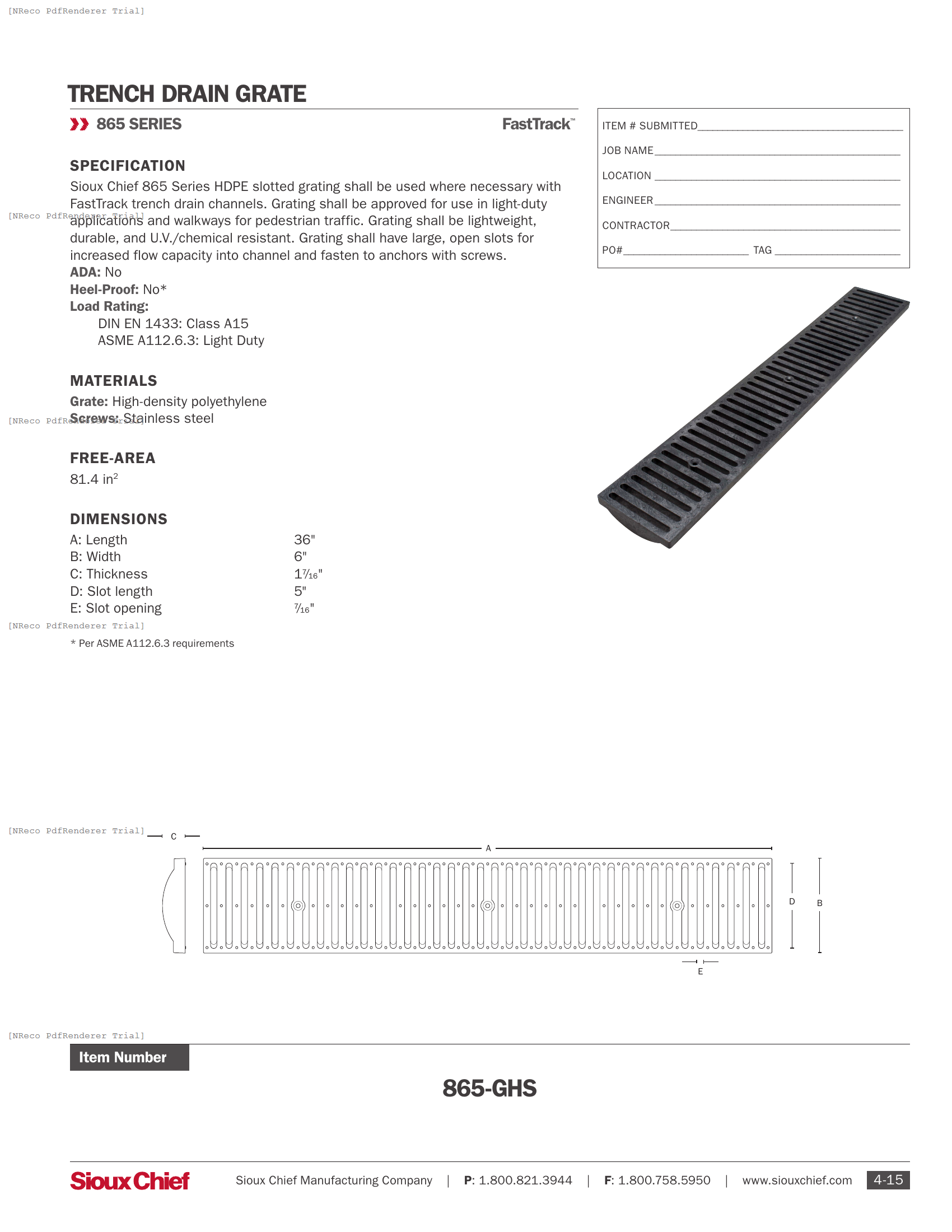 865-GHS - FASTTRACK HDPE SLOTTED GRATE - SPEC SHEET.PDF Specification Document